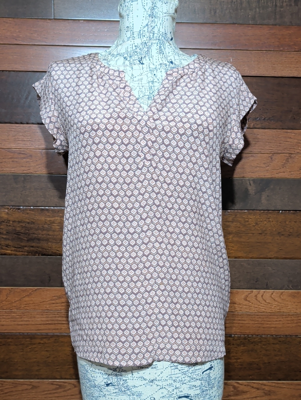 Joie Pink and Brown Printed Short Sleeve V-Neck Blouse